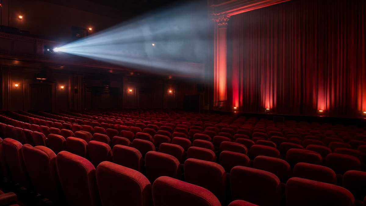 Sala de cinema vazia com projetor ligado e poltronas vermelhas em ambiente de premiação