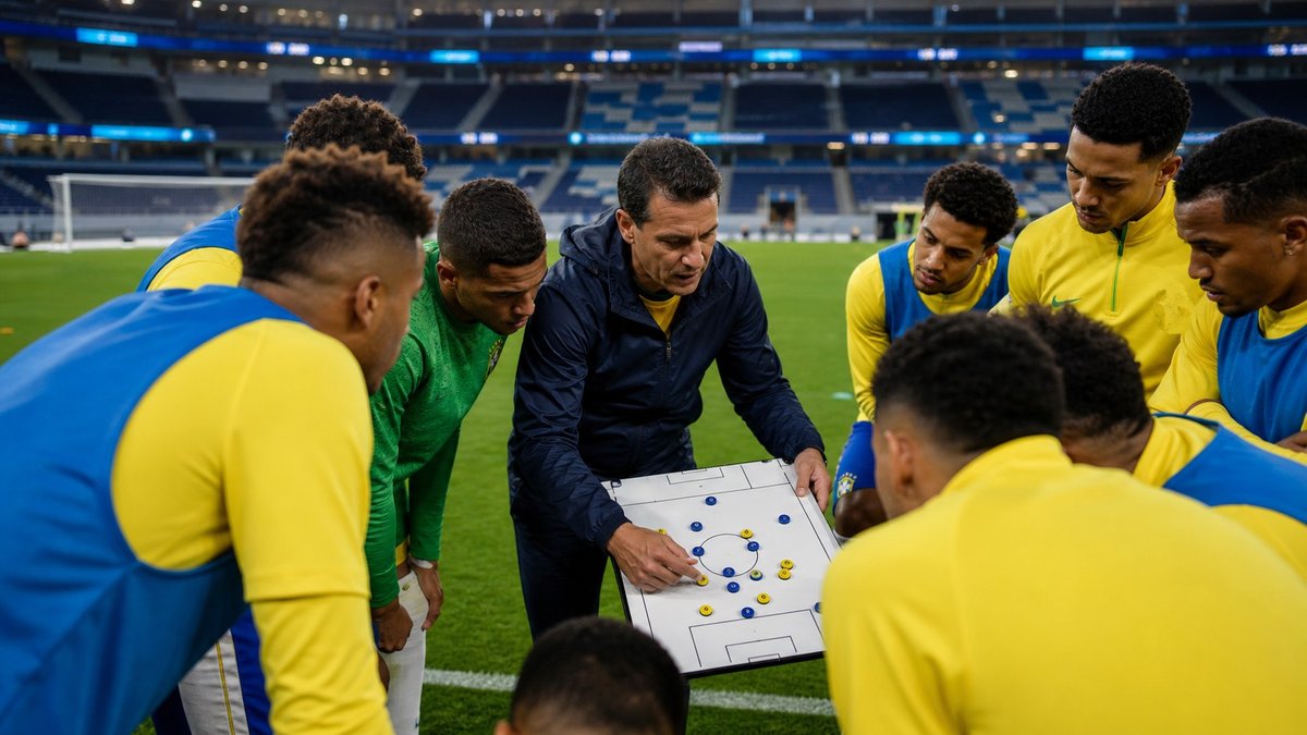 Jogadores da seleção brasileira reunidos em campo durante preparação tática antes de amistoso.