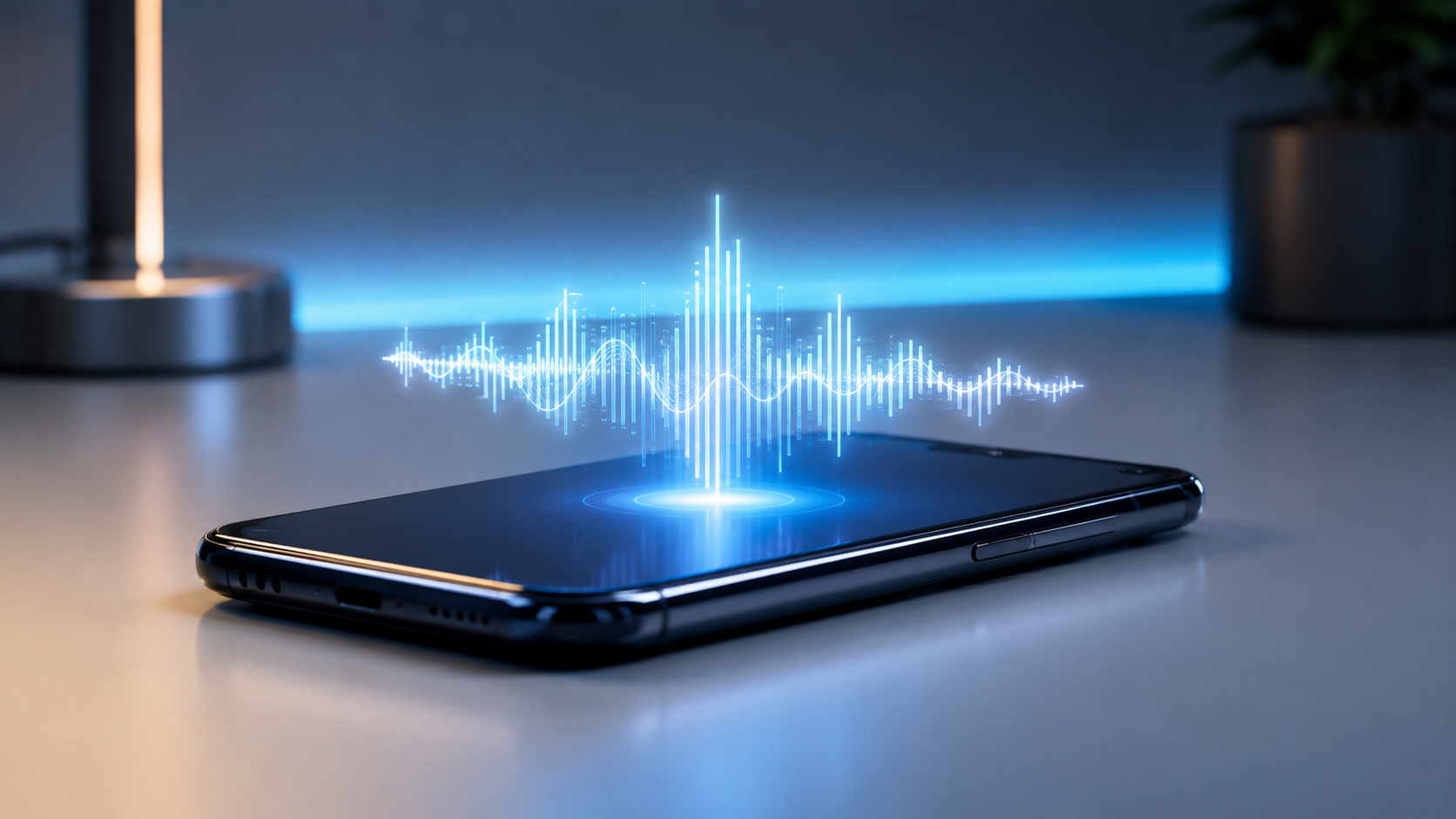 Smartphone sobre mesa com onda sonora luminosa saindo da tela — assistente de voz com IA