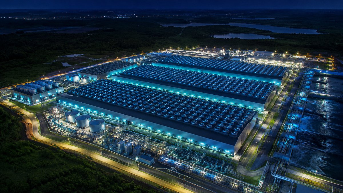 Complexo de data center iluminado à noite — corrida da IA no Brasil