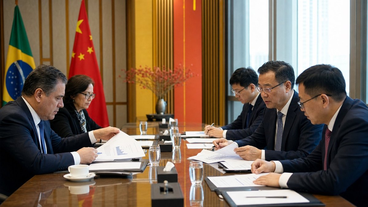 Autoridades brasileiras e chinesas analisam documentos financeiros em reunião bilateral.