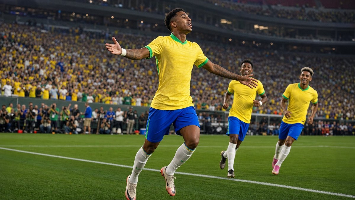 Jogadores da selecao brasileira comemoram gol em estadio durante amistoso internacional.