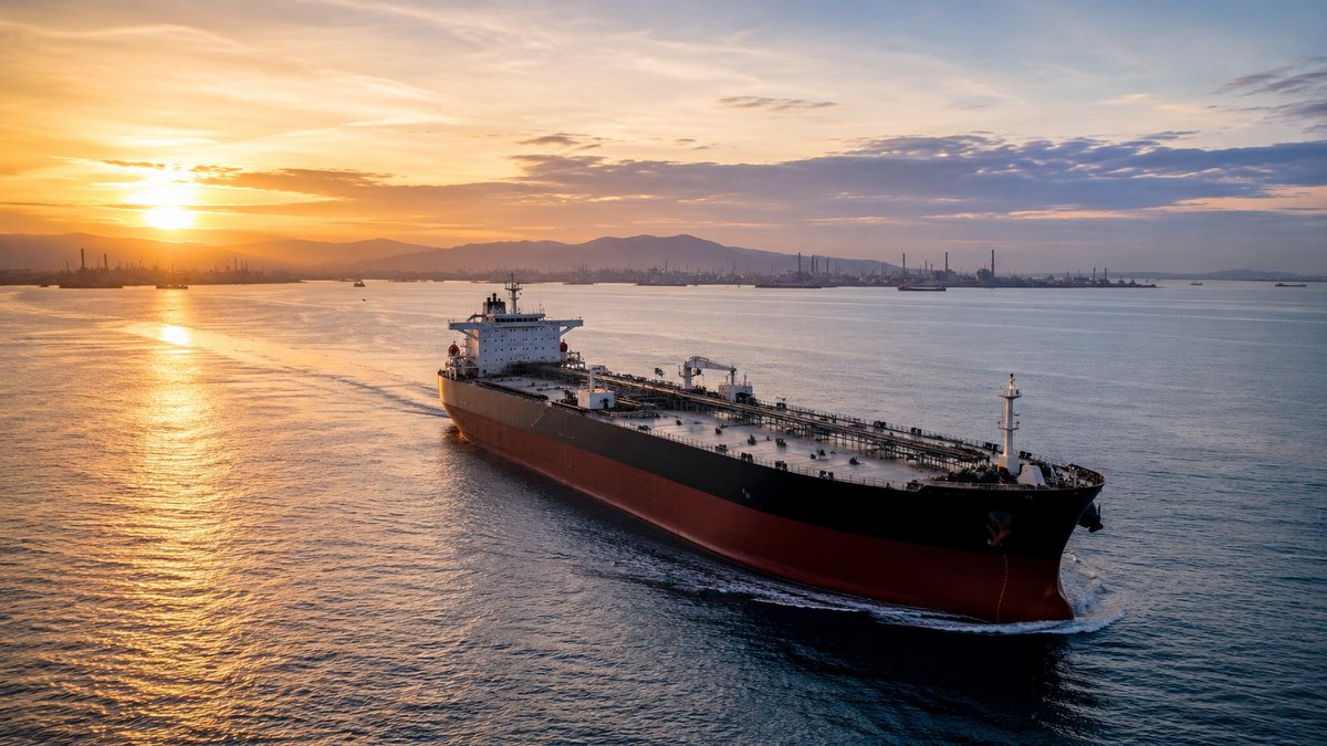 Navio petroleiro cruzando estreito ao amanhecer — cessar-fogo e petróleo