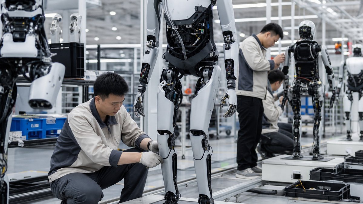Linha de montagem de robôs humanoides em uma fábrica moderna na China.