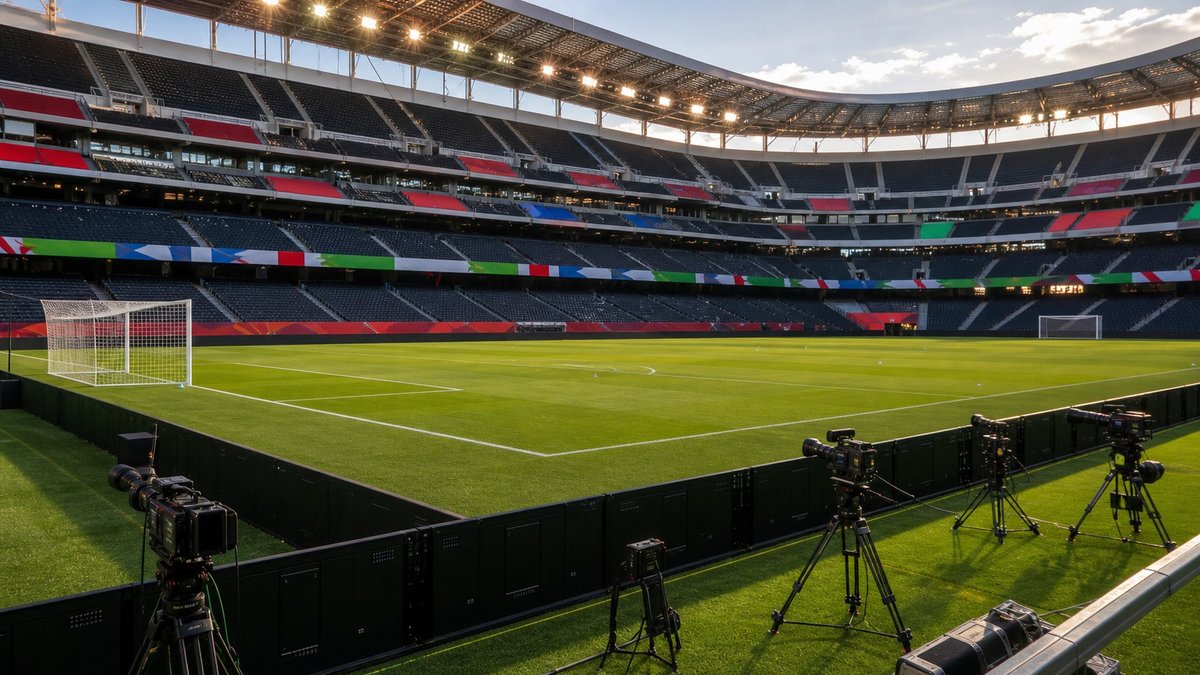 Estádio de futebol preparado para jogo internacional com gramado iluminado e câmeras de transmissão.