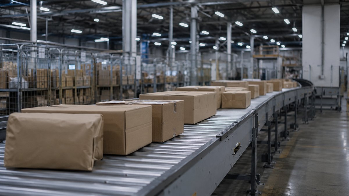 Encomendas em esteira de triagem postal — prejuízo dos Correios