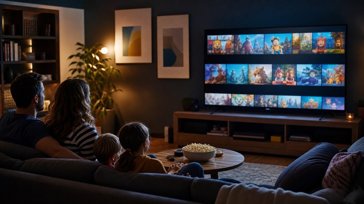 Sala de estar moderna com televisão exibindo interface abstrata de streaming sem textos legíveis.