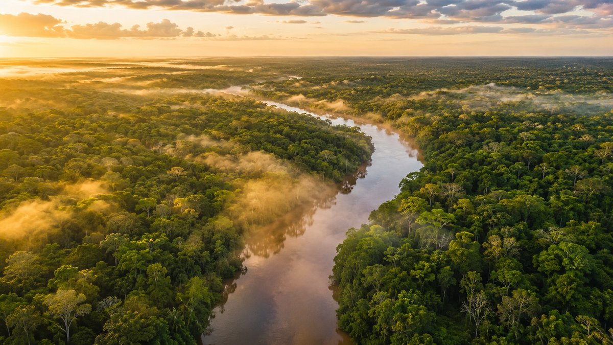Floresta amazônica com rio ao amanhecer — desmatamento e Dia do Meio Ambiente