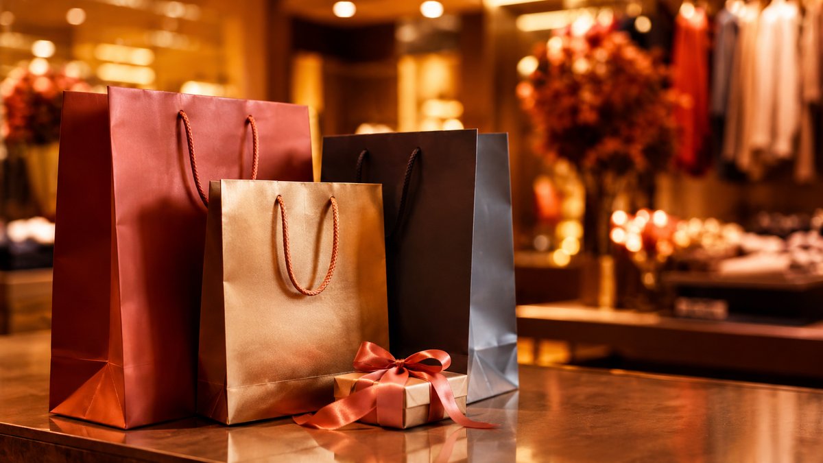 Sacolas de compras e presente em balcão — Dia dos Namorados 2026
