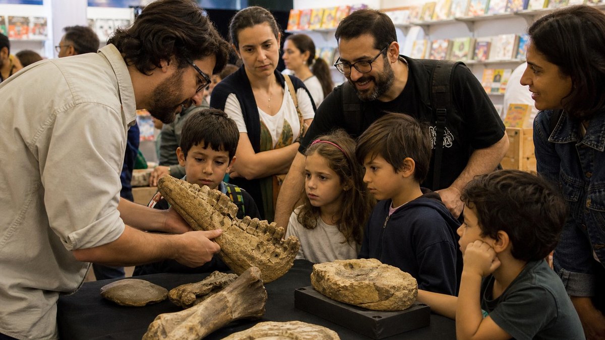Paleontólogo apresenta fósseis a crianças em uma feira do livro.