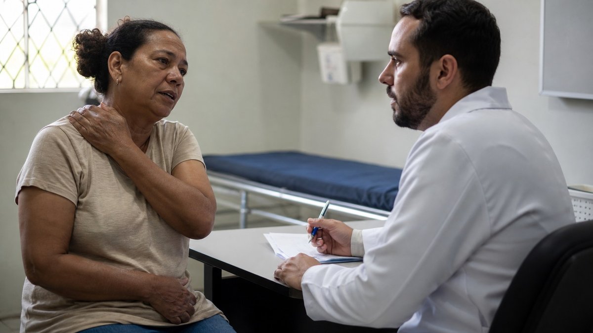 Paciente conversa com médica em consultório de unidade de saúde durante atendimento sobre dor persistente.