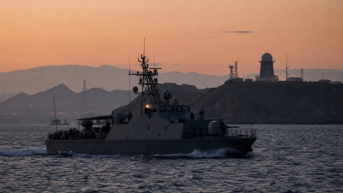 Navio militar patrulha águas próximas ao Estreito de Hormuz ao entardecer.
