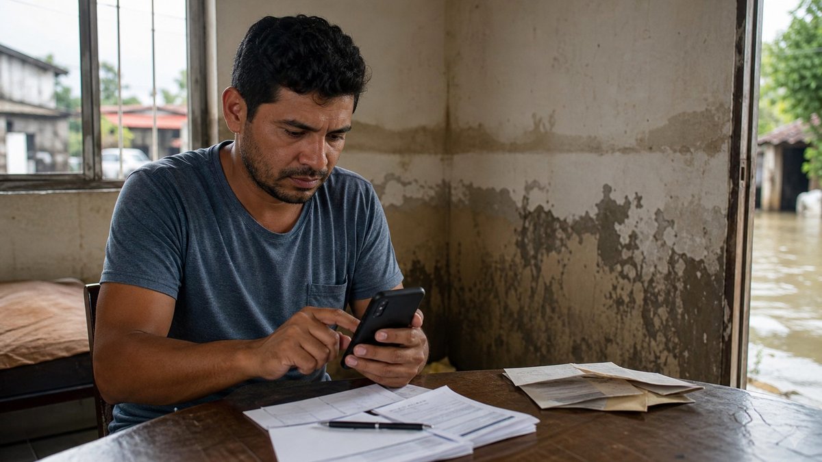 Trabalhador consulta celular em casa afetada por enchente enquanto separa documentos.