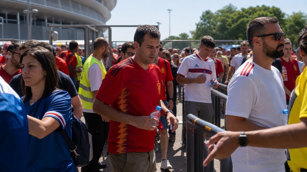 Torcedores entram em estádio sob sol forte segurando garrafas plásticas de água.