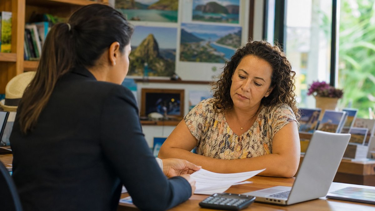 Mulher empreendedora do turismo analisa documentos financeiros em escritorio de agencia.