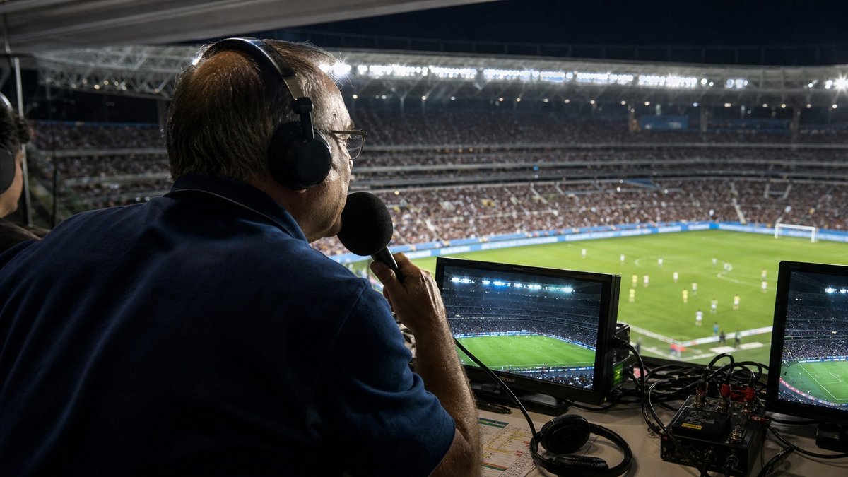 Narrador esportivo em cabine de transmissão durante jogo de futebol em estádio lotado