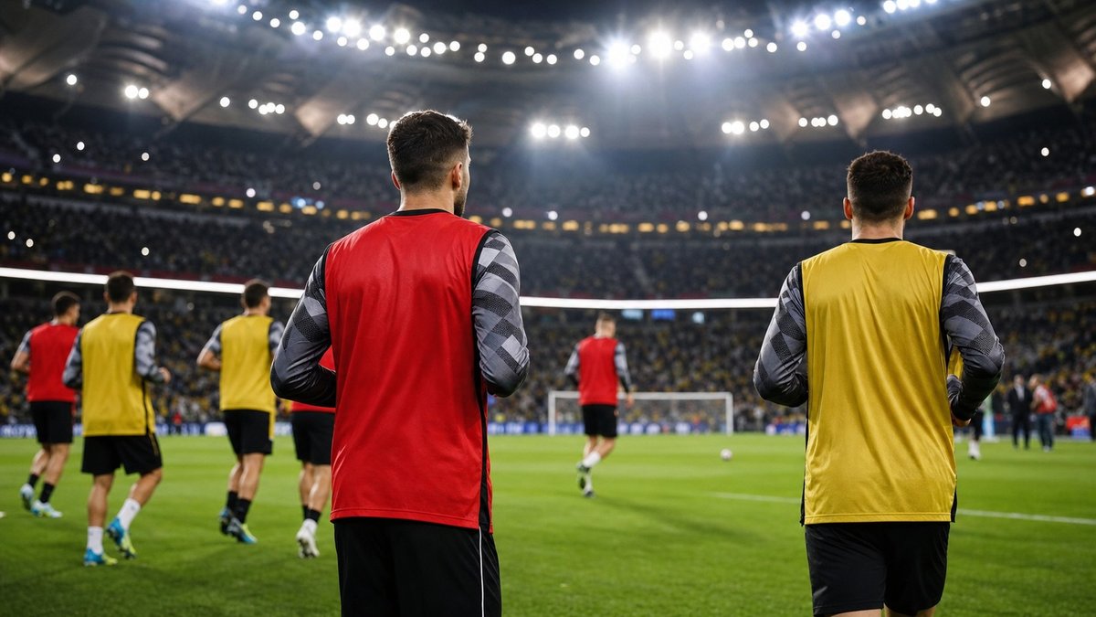 Jogadores de futebol aquecem em campo antes de partida em estádio lotado.