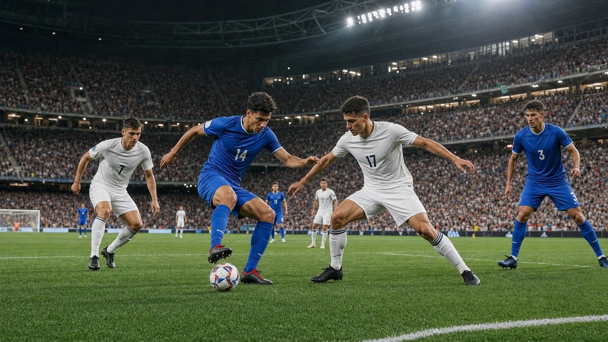 Jogadores disputam bola em estádio lotado durante partida noturna de Copa do Mundo