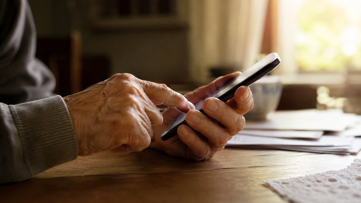 Mãos de idoso com smartphone — prova de vida do INSS 2026