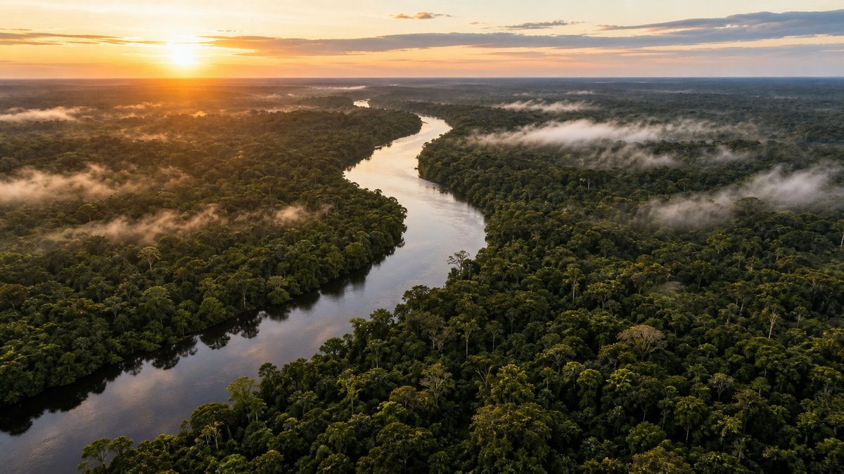 Vista aérea de floresta tropical preservada com rio sinuoso ao amanhecer