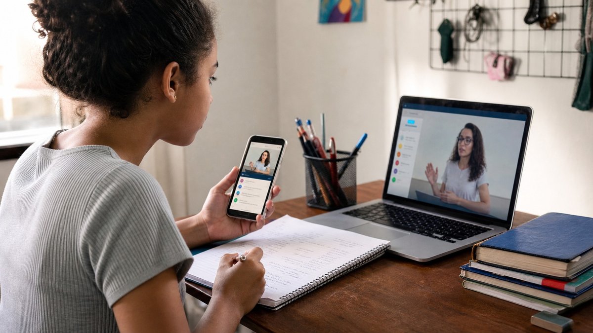 Estudante usando notebook e celular para estudar idiomas em uma plataforma digital pública.