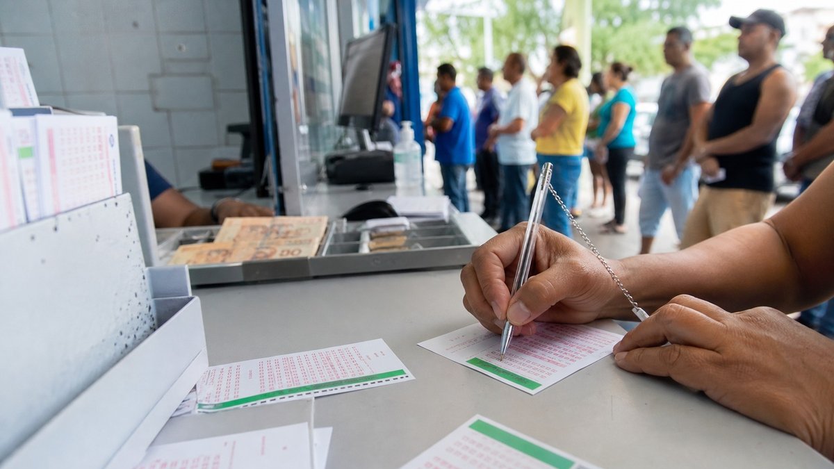 Pessoa preenchendo volante de loteria em balcão de lotérica com fila ao fundo.