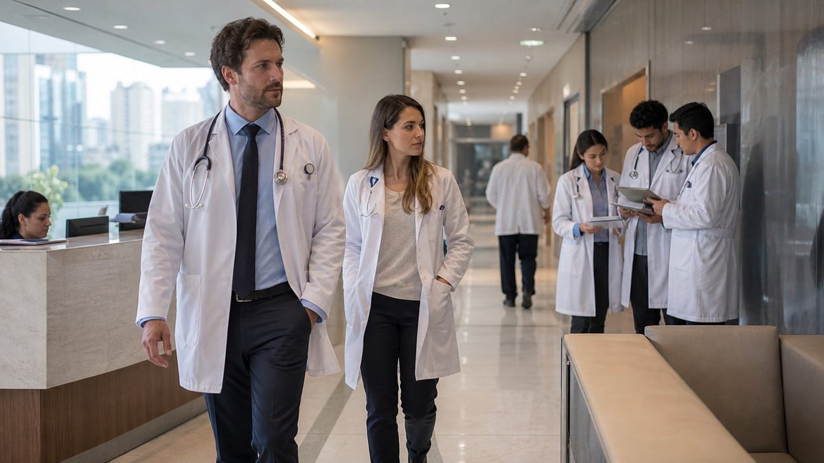Médicos em corredor de hospital, em imagem editorial sobre residência médica e cotas.