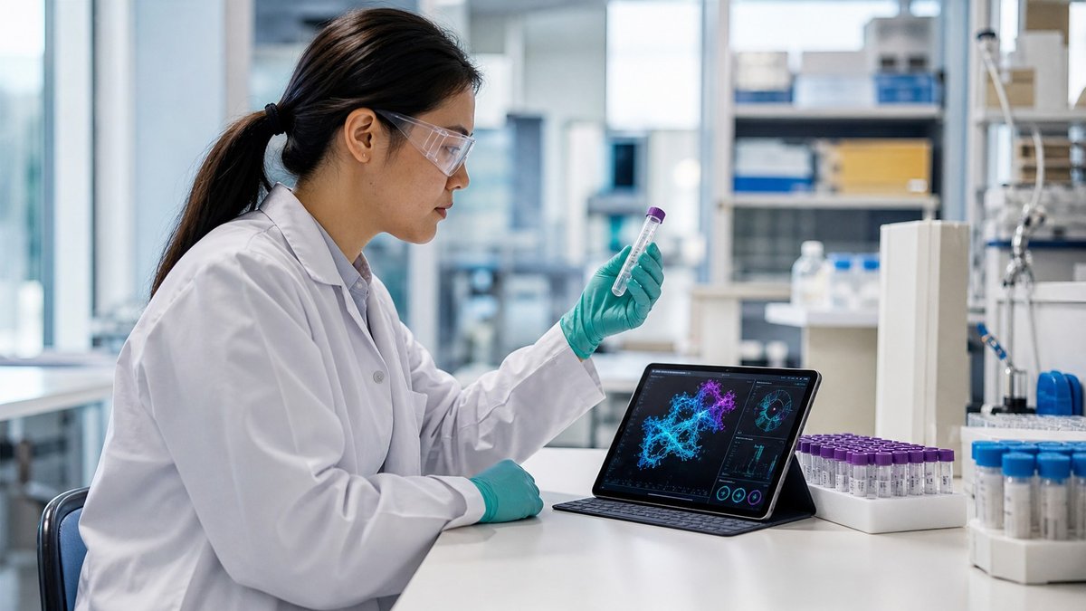 Pesquisadora analisa amostras em laboratorio clinico moderno.