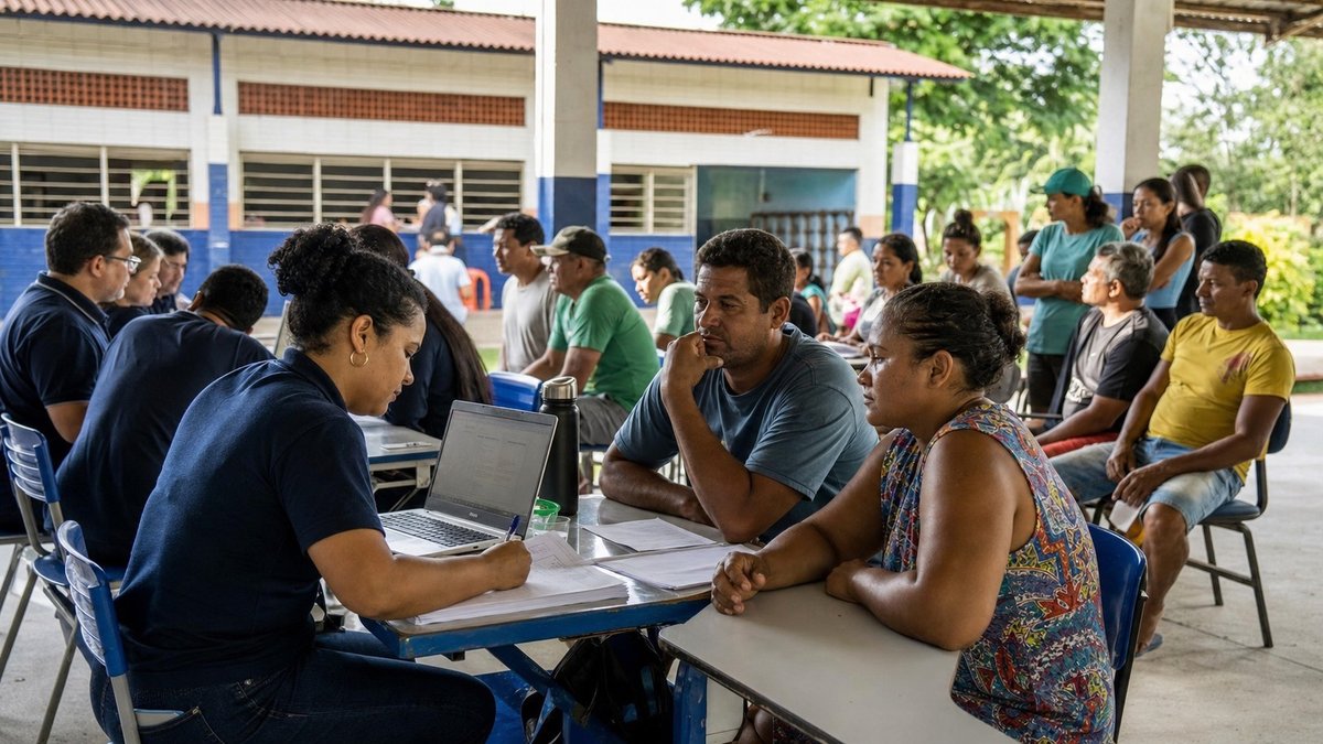 Vista editorial de uma rua comercial em cidade amazônica de fronteira com pequenos empreendedores e atendimento de crédito