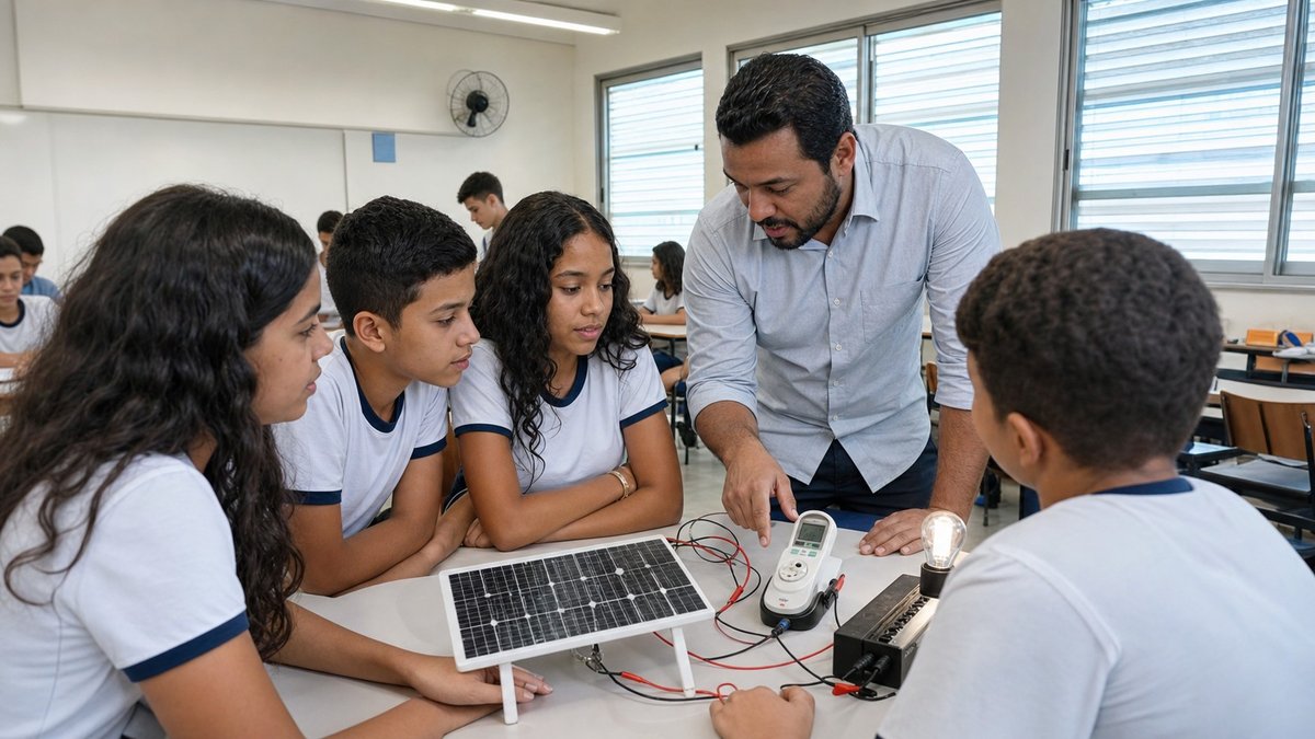 Estudantes em sala analisando consumo de energia em uma atividade escolar