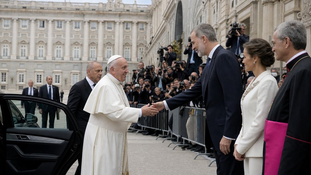 Papa em vestes brancas chega a um palácio europeu em Madri diante de autoridades e jornalistas.