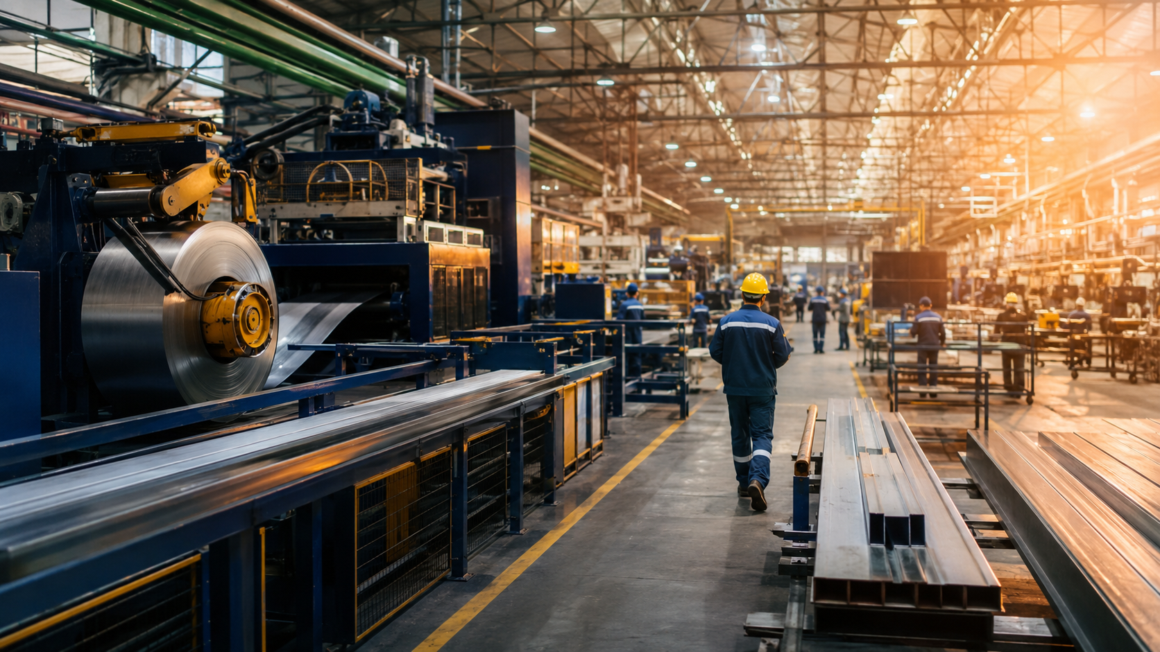 Chão de fábrica industrial com máquinas e linha de produção