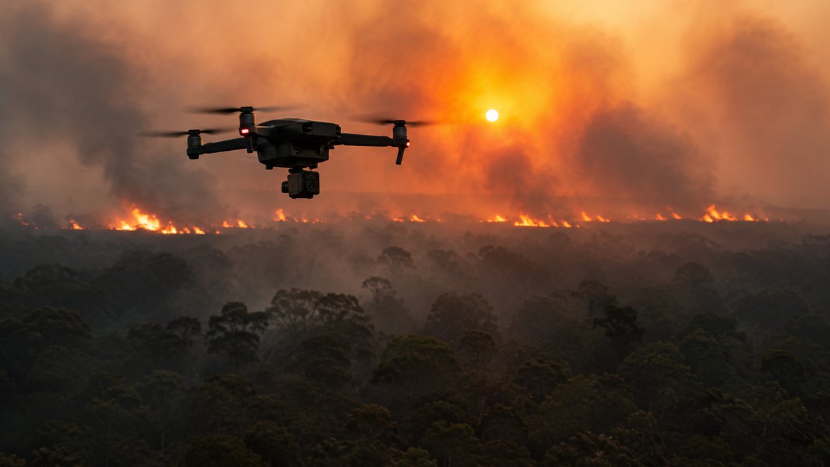 Drone térmico sobre floresta com fumaça — combate a queimadas com tecnologia