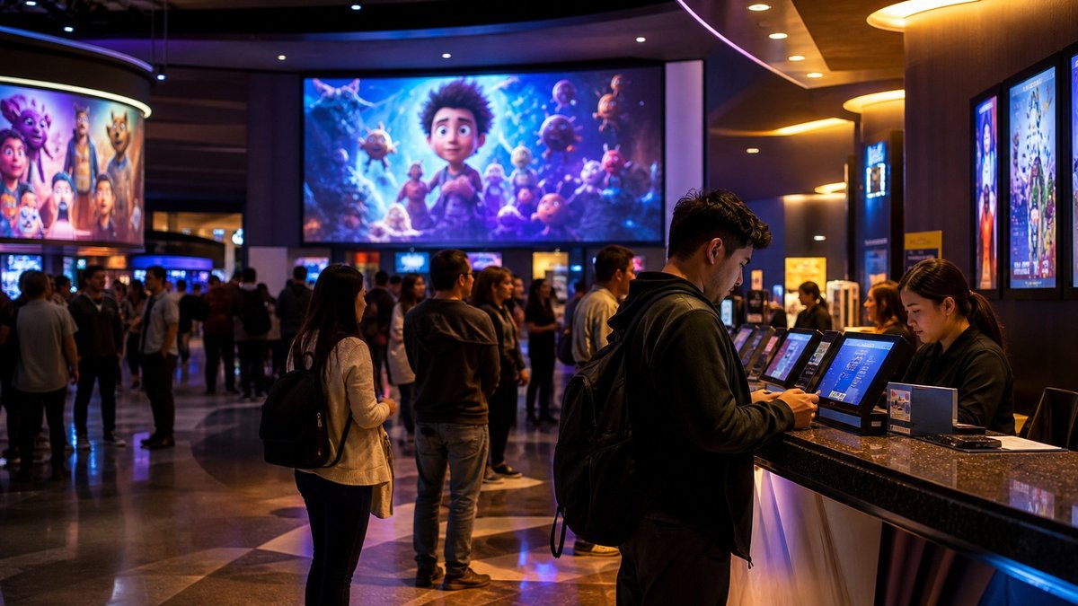 Público em lobby de cinema iluminado por telas de filmes de animação.