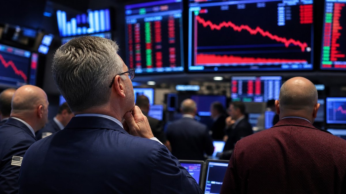 Operadores observam telas de mercado financeiro com gráficos em queda em uma bolsa de valores moderna.