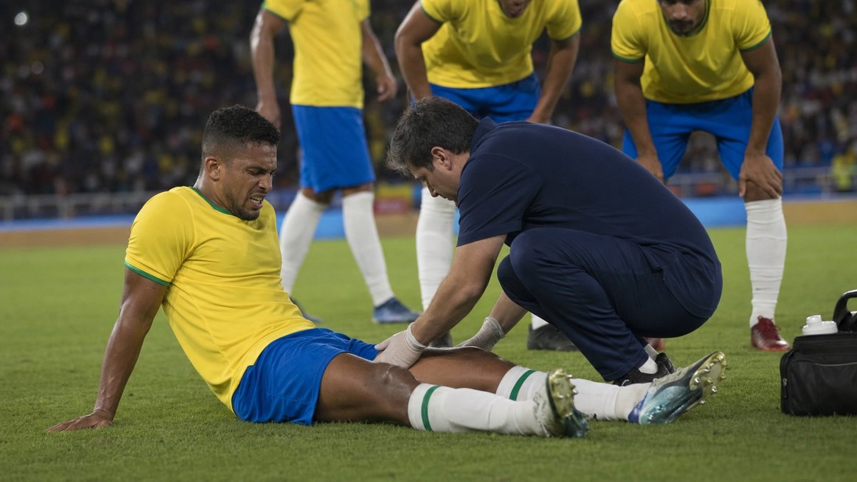Lateral brasileiro sendo atendido no gramado durante amistoso internacional antes da Copa.